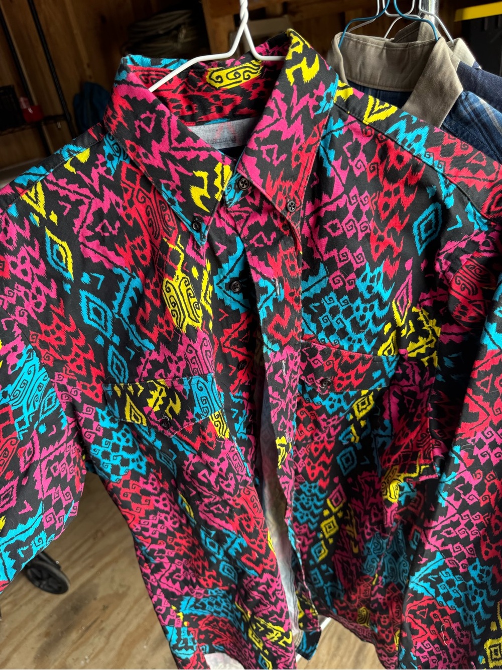 Wrangler Multicolor Aztec Print Button-Up Shirt (Pink, Blue, Yellow, Black)